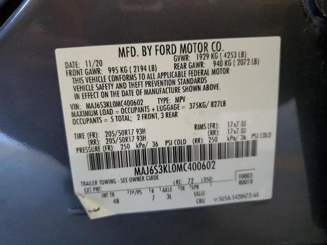 MAJ6S3KL0MC400602 - 2021 FORD ECOSPORT T GRAY photo 10