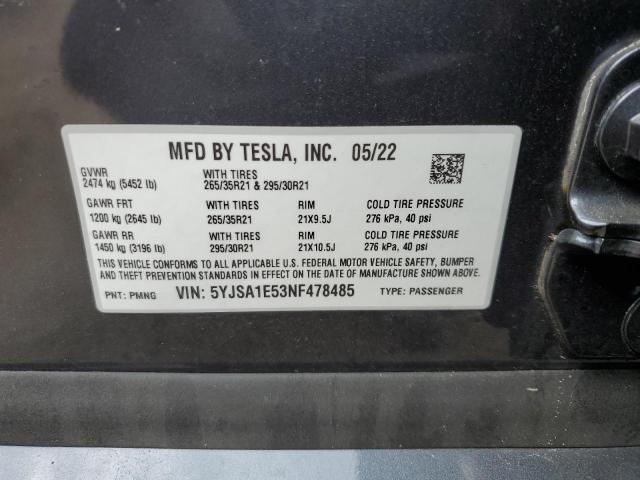 5YJSA1E53NF478485 - 2022 TESLA MODEL S Boz foto 10