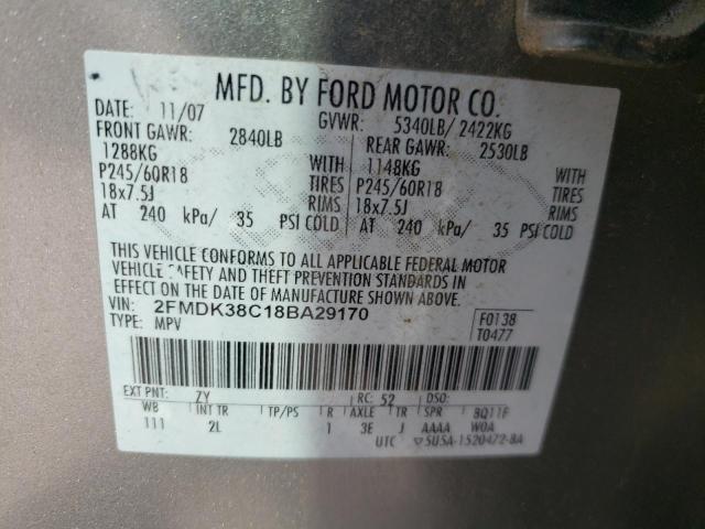 2FMDK38C18BA29170 - 2008 FORD EDGE SEL SILVER photo 10