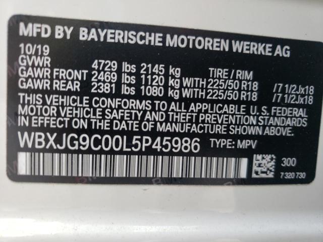 WBXJG9C00L5P45986 - 2020 BMW X1 XDRIVE2 WHITE photo 10