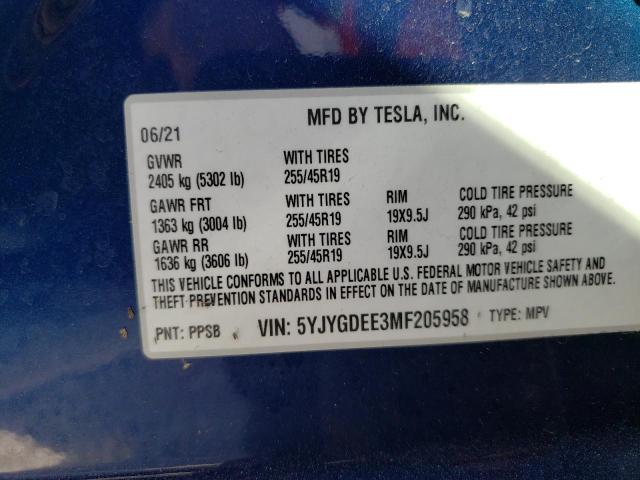 5YJYGDEE3MF205958 - 2021 TESLA MODEL Y أزرق صورة 10
