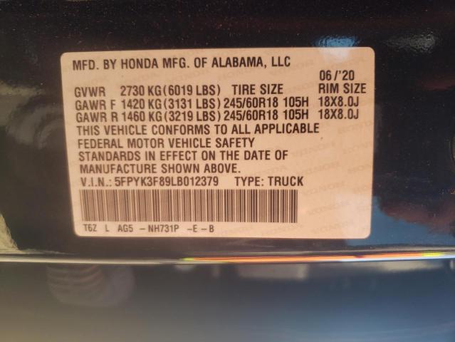 5FPYK3F89LB012379 - 2020 HONDA RIDGELINE BLACK photo 10