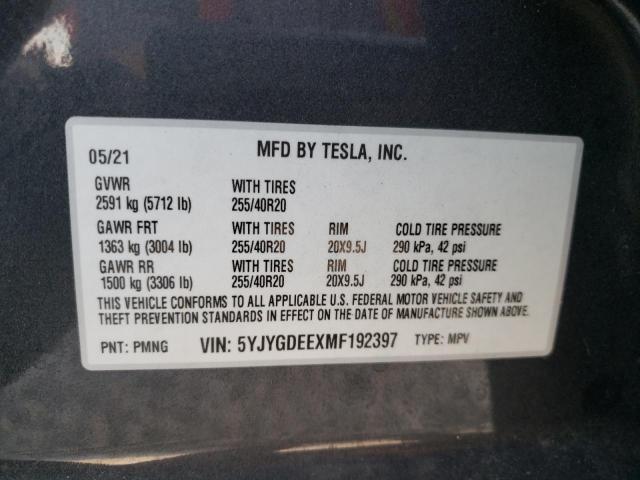 5YJYGDEEXMF192397 - 2021 TESLA MODEL Y BLUE photo 10