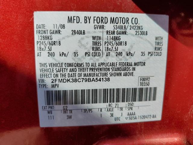 2FMDK38C79BA54138 - 2009 FORD EDGE SEL RED photo 10