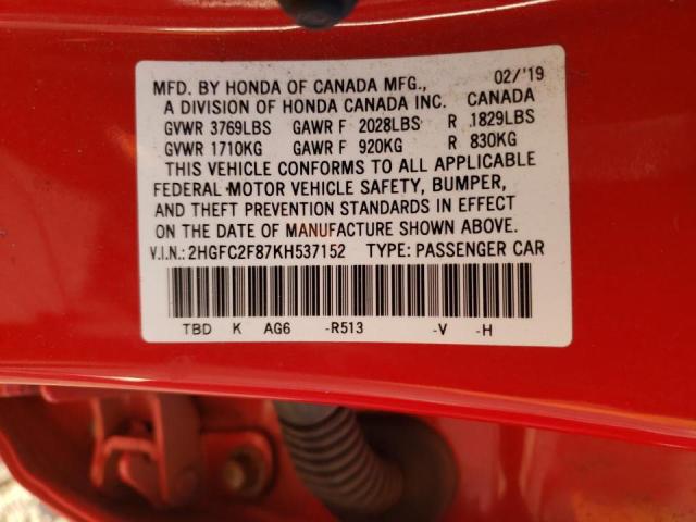 2HGFC2F87KH537152 - 2019 HONDA CIVIC SPOR RED photo 10