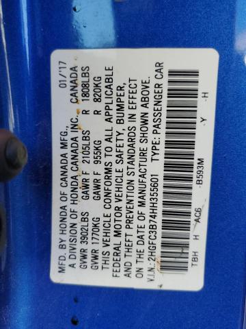 2HGFC3B74HH355601 - 2017 HONDA CIVIC EXL Mavi foto 10