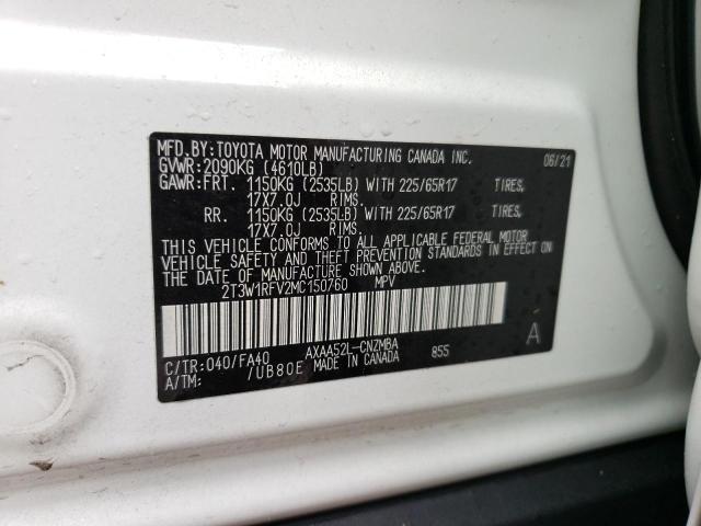 2T3W1RFV2MC150760 - 2021 TOYOTA RAV4 XLE WHITE photo 10