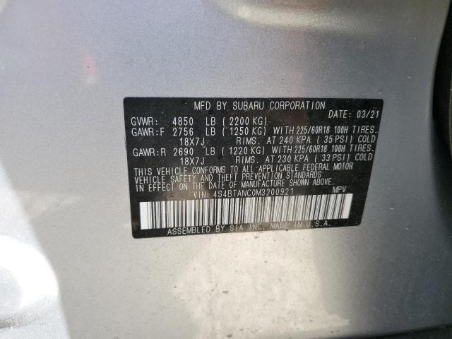 4S4BTANC0M3200921 - 2021 SUBARU OUTBACK LI GRAY photo 10