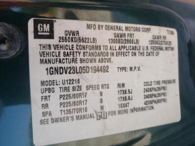 1GNDV23L05D194492 - 2005 CHEVROLET UPLANDER L Yaşıl foto 10