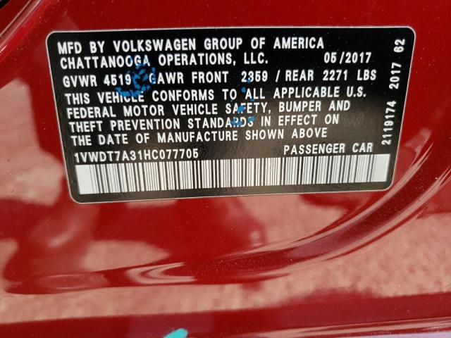 1VWDT7A31HC077705 - 2017 VOLKSWAGEN PASSAT R-L RED photo 10