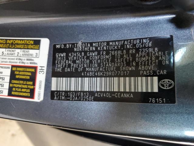 4T4BE46K29R077017 - 2009 TOYOTA CAMRY BASE GRAY photo 12