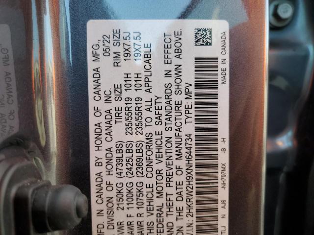 2HKRW2H9XNH644734 - 2022 HONDA CR-V TOURI GRAY photo 10