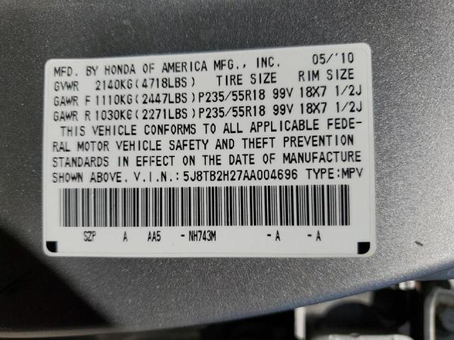 5J8TB2H27AA004696 - 2010 ACURA RDX SILVER photo 10