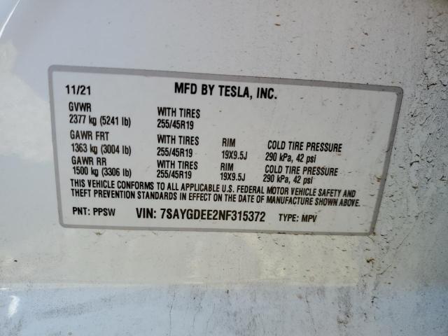 7SAYGDEE2NF315372 - 2022 TESLA MODEL Y أبيض صورة 10