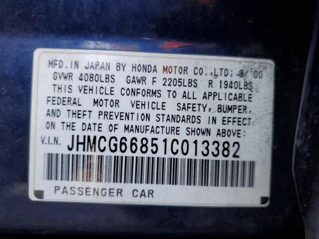 JHMCG66851C013382 - 2001 HONDA ACCORD BLUE photo 10