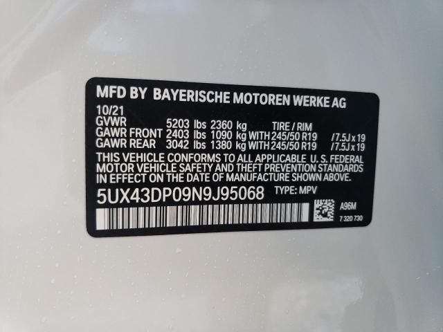 5UX43DP09N9J95068 - 2022 BMW X3 SDRIVE3 WHITE photo 10