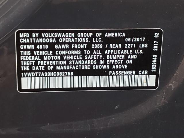 1VWDT7A33HC082758 - 2017 VOLKSWAGEN PASSAT R-L GRAY photo 10