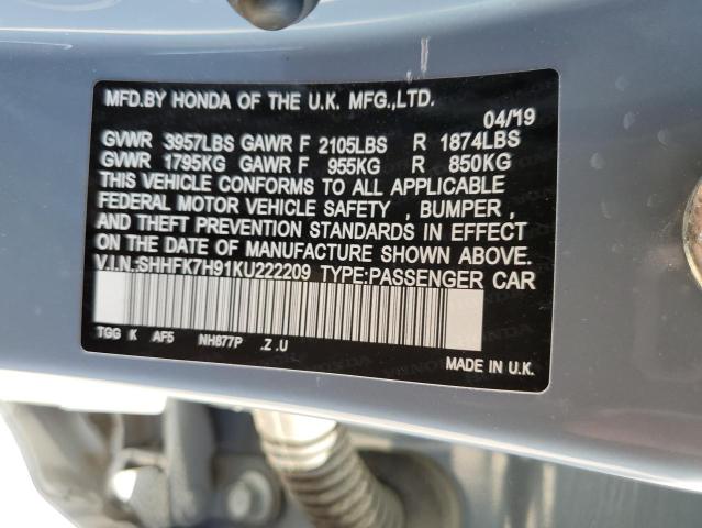 SHHFK7H91KU222209 - 2019 HONDA CIVIC SPOR GRAY photo 10