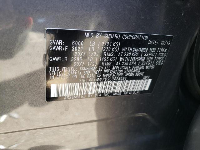 4S4WMAPD9L3428094 - 2020 SUBARU ASCENT LIM GRAY photo 10