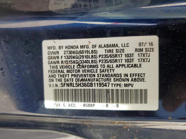 5FNRL5H36GB119547 - 2016 HONDA ODYSSEY SE BLUE photo 10