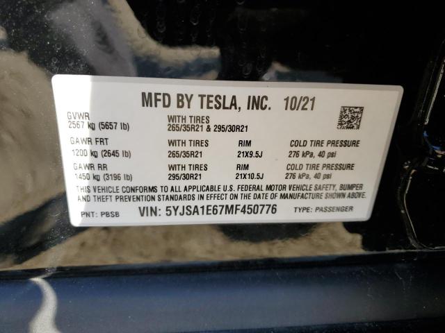 5YJSA1E67MF450776 - 2021 TESLA MODEL S Սև լուսանկար 10