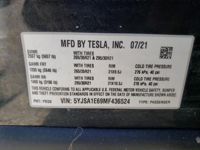 5YJSA1E69MF436524 - 2021 TESLA MODEL S BLACK photo 10