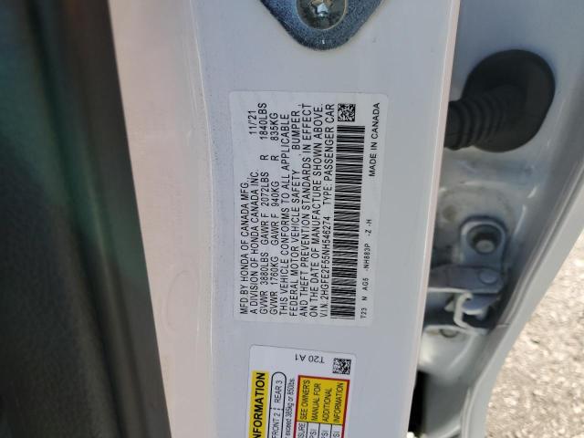 2HGFE2F55NH546274 - 2022 HONDA CIVIC SPOR WHITE photo 10