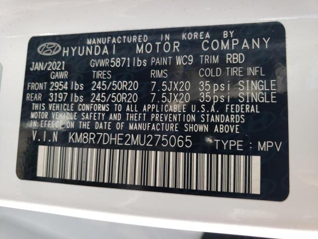 KM8R7DHE2MU275065 - 2021 HYUNDAI PALISADE C WHITE photo 10