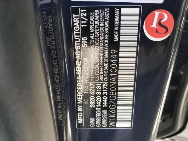 W1K6G7GB0NA100449 - 2022 MERCEDES-BENZ S 580 4MAT BLUE photo 10