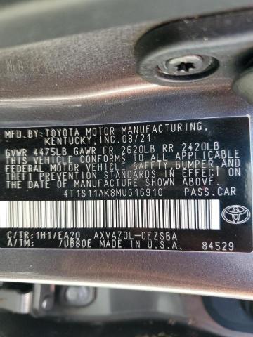 4T1S11AK8MU616910 - 2021 TOYOTA CAMRY NIGH GRAY photo 10