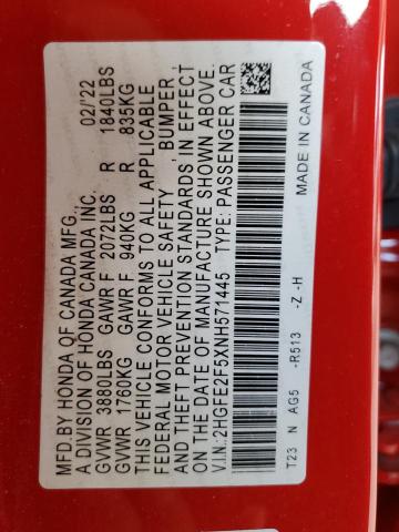 2HGFE2F5XNH571445 - 2022 HONDA CIVIC SPOR RED photo 10