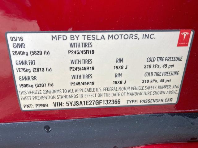 5YJSA1E27GF132366 - 2016 TESLA MODEL S Qırmızı foto 10