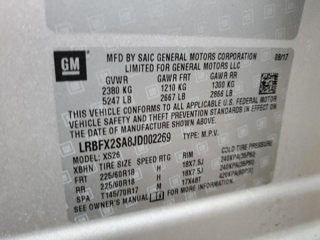 LRBFX2SA8JD002269 - 2018 BUICK ENVISION E SILVER photo 10