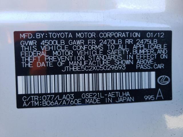 JTHBE5C2XC5029693 - 2012 LEXUS IS 350 WHITE photo 10