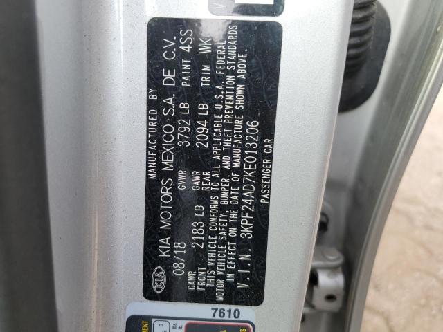 3KPF24AD7KE013206 - 2019 KIA FORTE FE SILVER photo 10