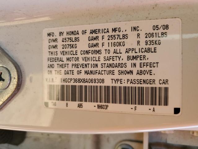 1HGCP368X8A069308 - 2008 HONDA ACCORD EXL WHITE photo 10