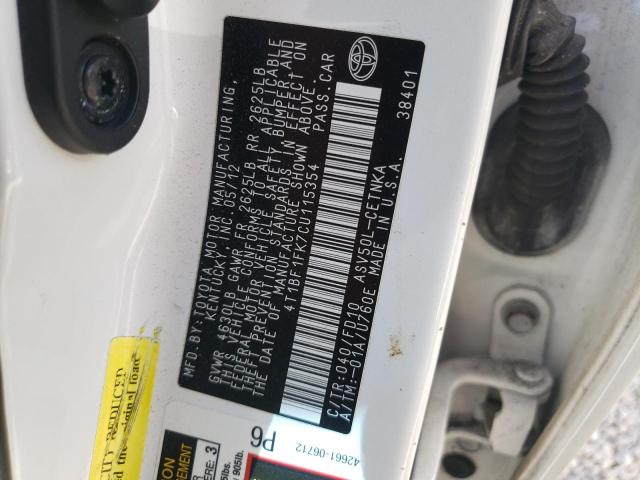 4T1BF1FK7CU115354 - 2012 TOYOTA CAMRY BASE WHITE photo 10