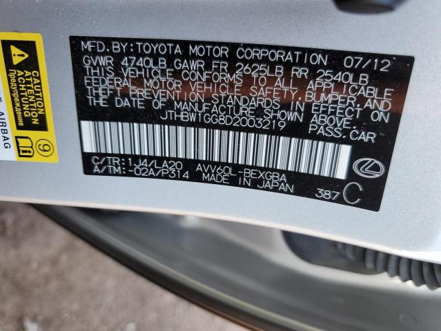 JTHBW1GG8D2003219 - 2013 LEXUS ES 300H SILVER photo 10