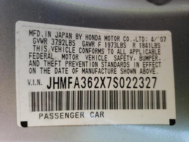 JHMFA362X7S022327 - 2007 HONDA CIVIC HYBR SILVER photo 10