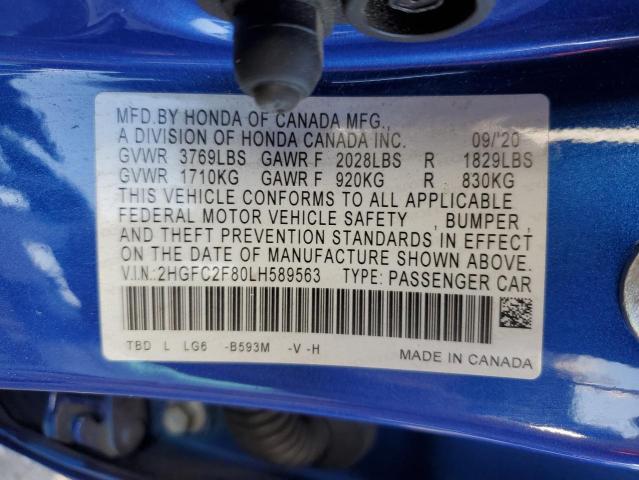 2HGFC2F80LH589563 - 2020 HONDA CIVIC SPOR Mavi foto 10