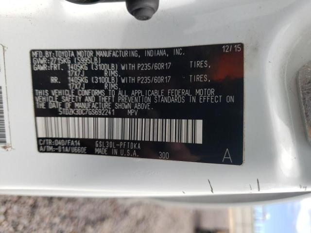 5TDZK3DC7GS692241 - 2016 TOYOTA SIENNA WHITE photo 10