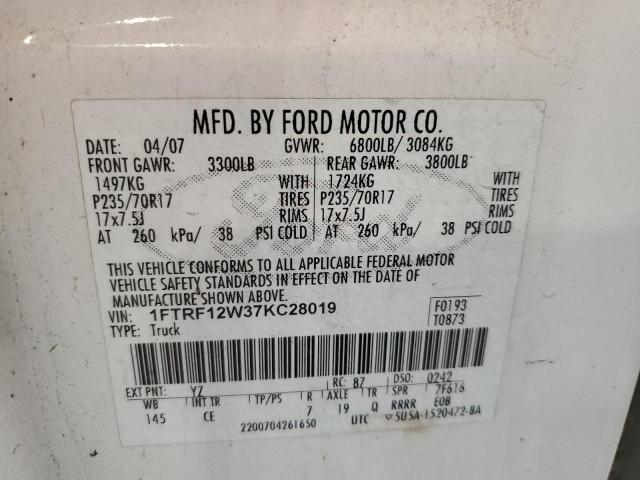 1FTRF12W37KC28019 - 2007 FORD F150 WHITE photo 10