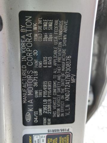 KNDJT2A17B7308176 - 2011 KIA SOUL SILVER photo 10