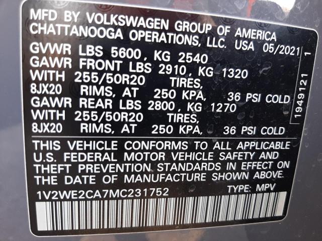 1V2WE2CA7MC231752 - 2021 VOLKSWAGEN ATLAS CROS CHARCOAL photo 10