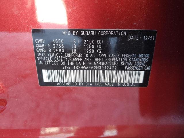 4S3BWAF62N3****** - 2022 SUBARU LEGACY PRE MAROON photo 10