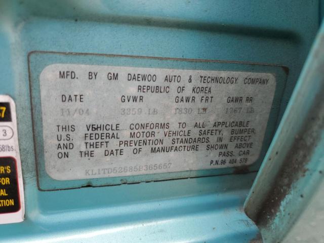 KL1TD52685B365657 - 2005 CHEVROLET AVEO BASE TURQUOISE photo 10