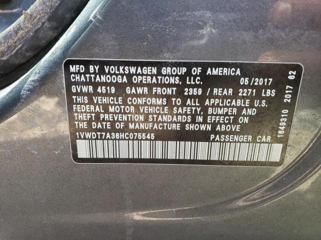 1VWDT7A36HC075545 - 2017 VOLKSWAGEN PASSAT R-L 银色 照片 10