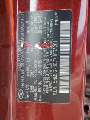 5NMSG73D77H033261 - 2007 HYUNDAI SANTA FE BURGUNDY photo 10