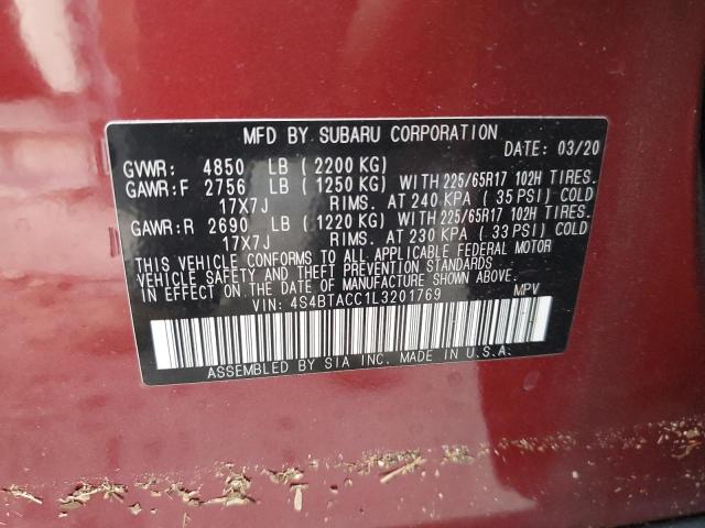 4S4BTACC1L3201769 - 2020 SUBARU OUTBACK PR RED photo 10