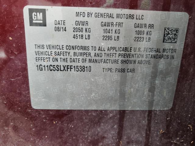 1G11C5SLXFF153810 - 2015 CHEVROLET MALIBU 1LT BURGUNDY photo 10